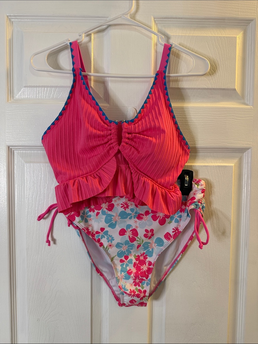 Kids Pink Floral One-Piece Swimsuit with Ruffle Top
